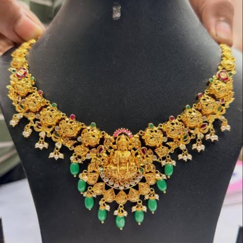 Lakshmi Temple Gold Necklace with Emerald Drops