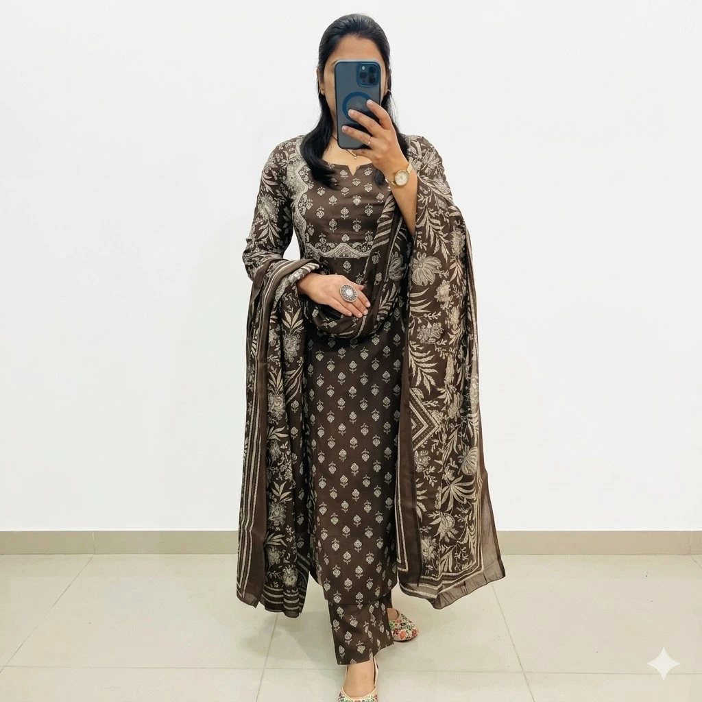 Brown Printed Cotton Kurta Set with Dupatta