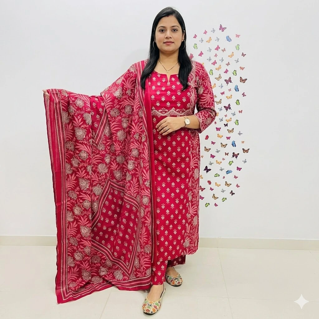 Pink Printed Cotton Kurta Set with Dupatta