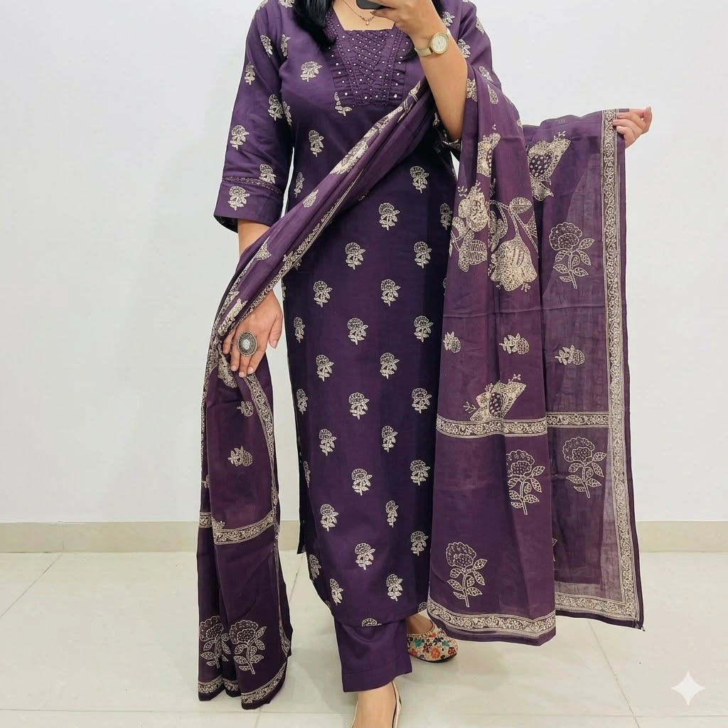 Purple Printed Cotton Kurta Set with Dupatta