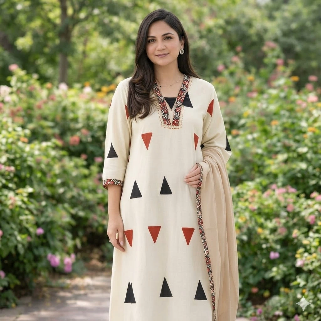Cream Triangle Printed Kurta Set with Dupatta