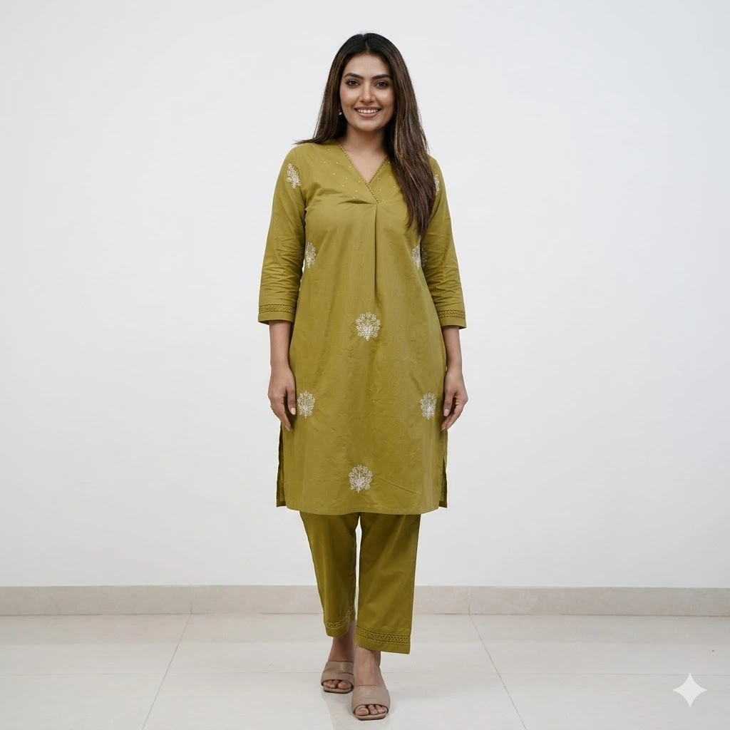 Olive Green Embroidered Kurta Pant Set