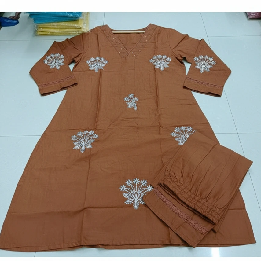 Brown Embroidered Kurta Pant Set