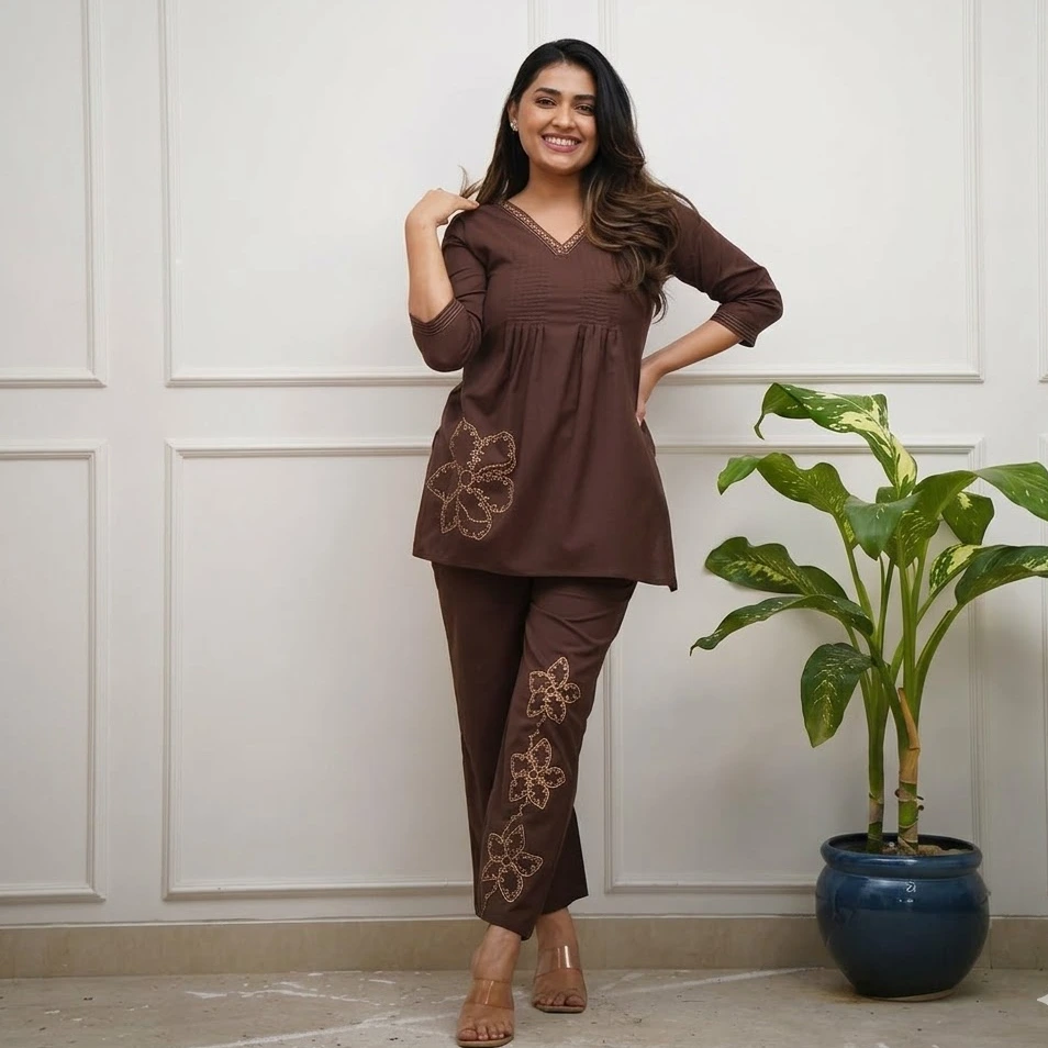 Dark Brown Embroidered Co-ord Kurta Set