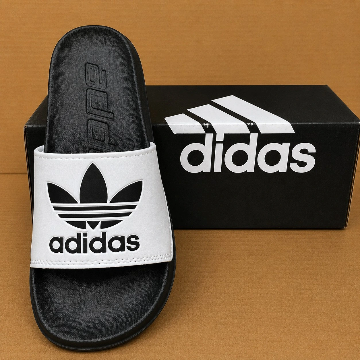 White and Black Adidas Style Slide Sandals