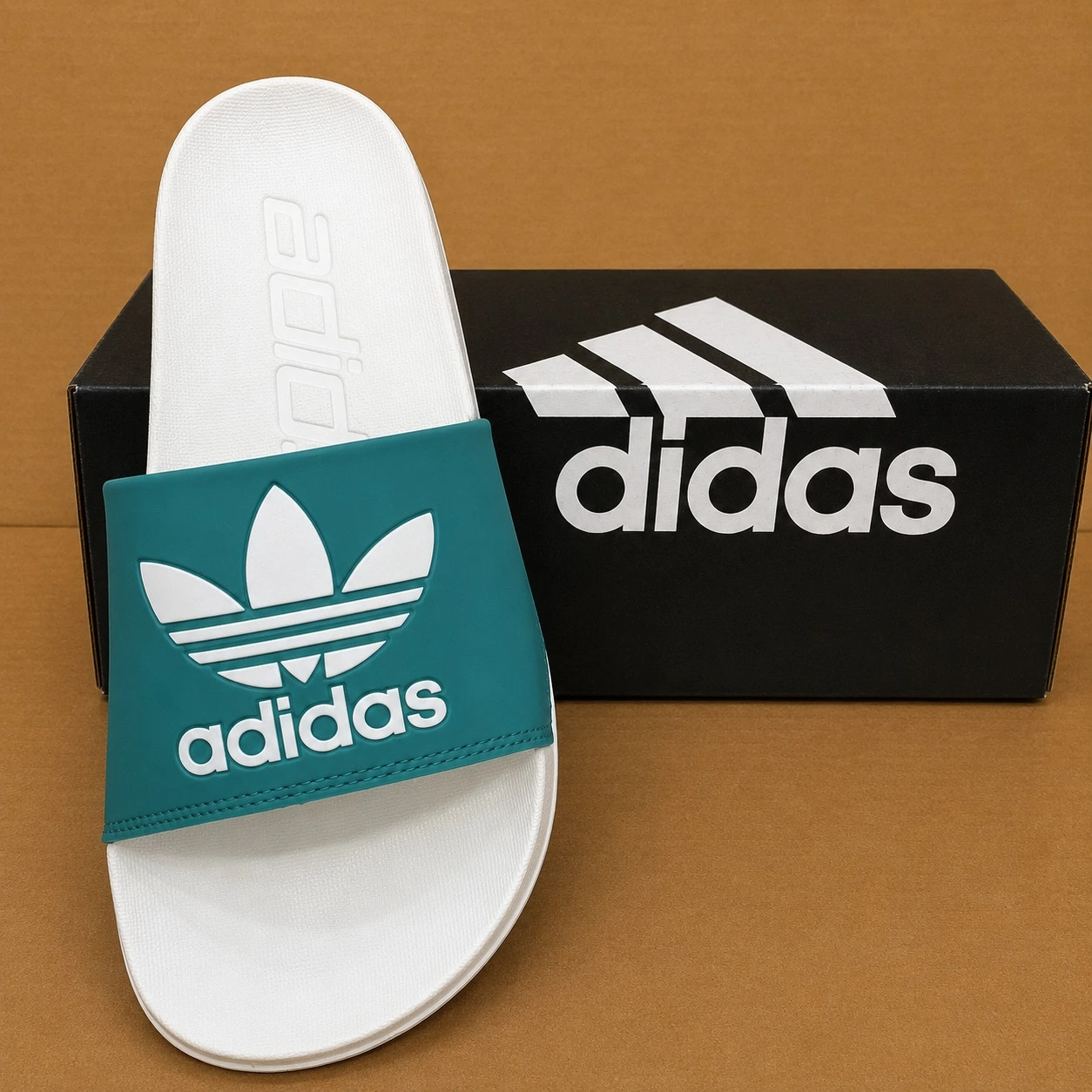 Teal Green and White Adidas Style Slide Sandals