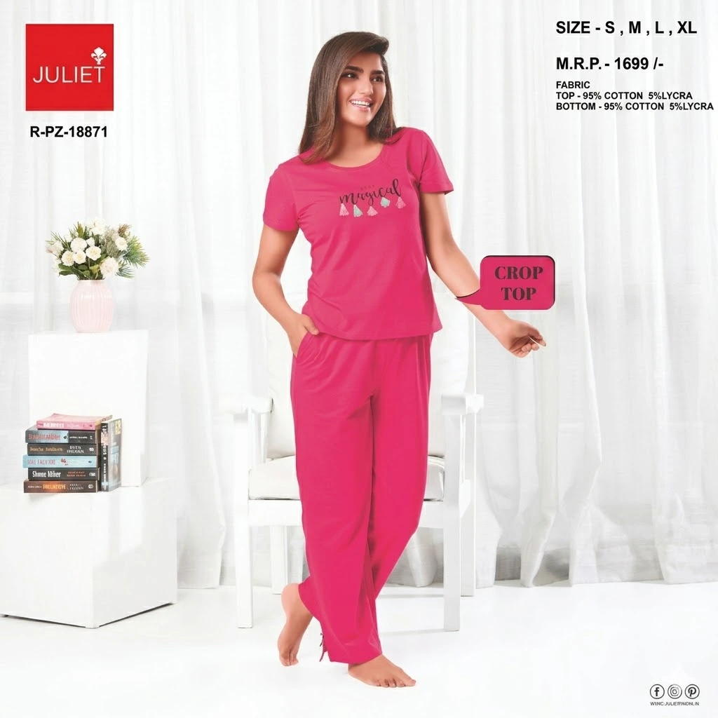 Juliet Pink Cotton Lycra Crop Top Night Suit