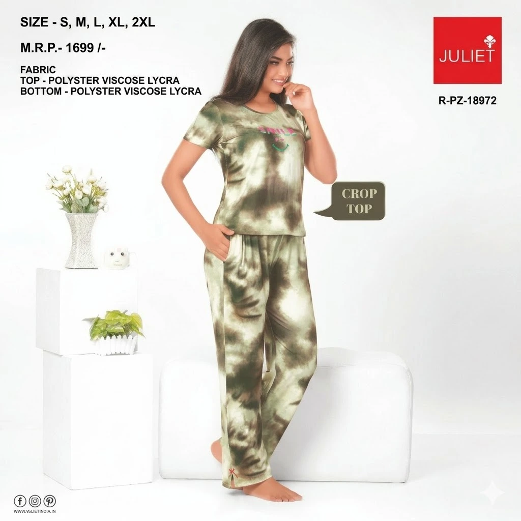 Juliet Tie-Dye Crop Top Night Suit – Olive Green