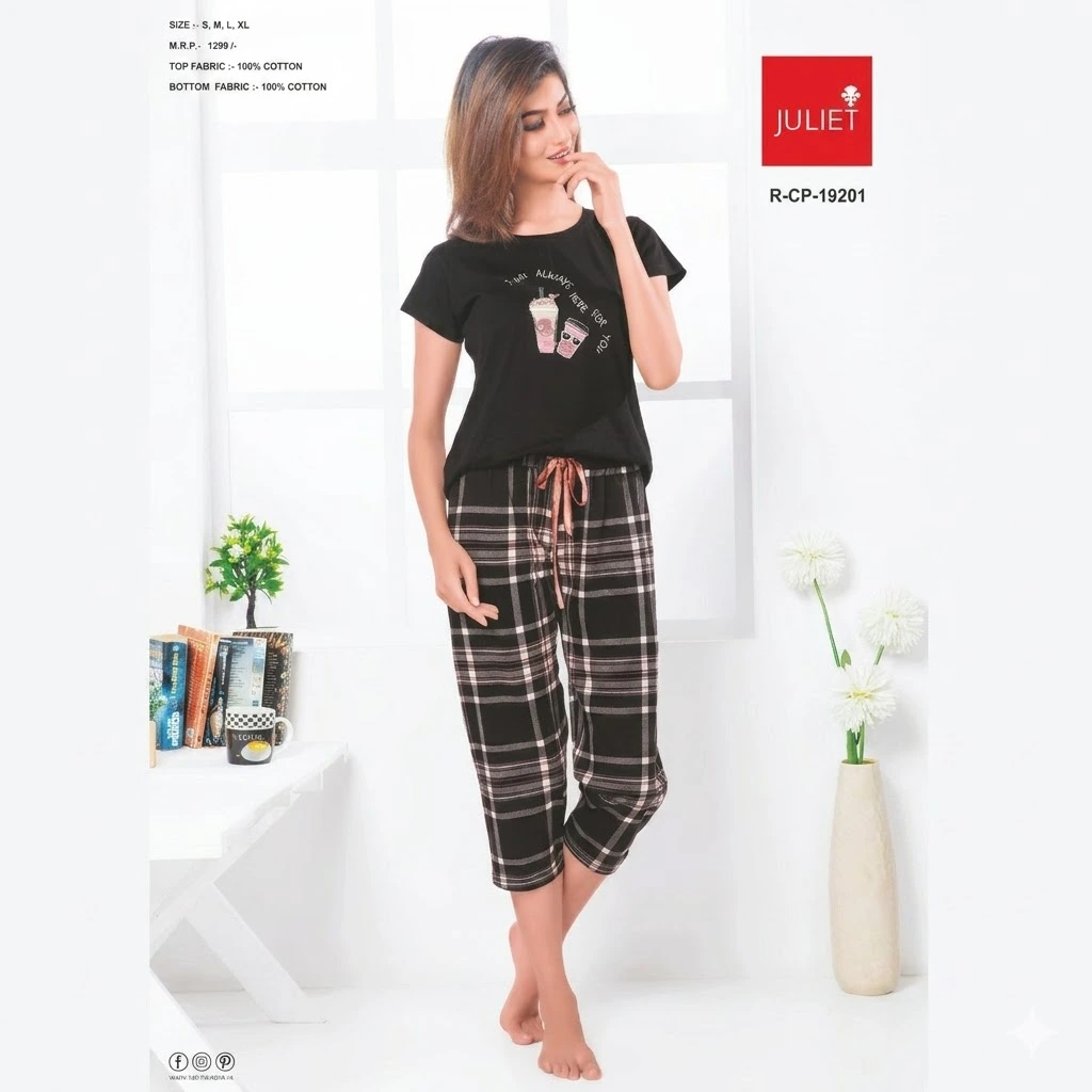 Juliet Black Checked Capri Night Suit