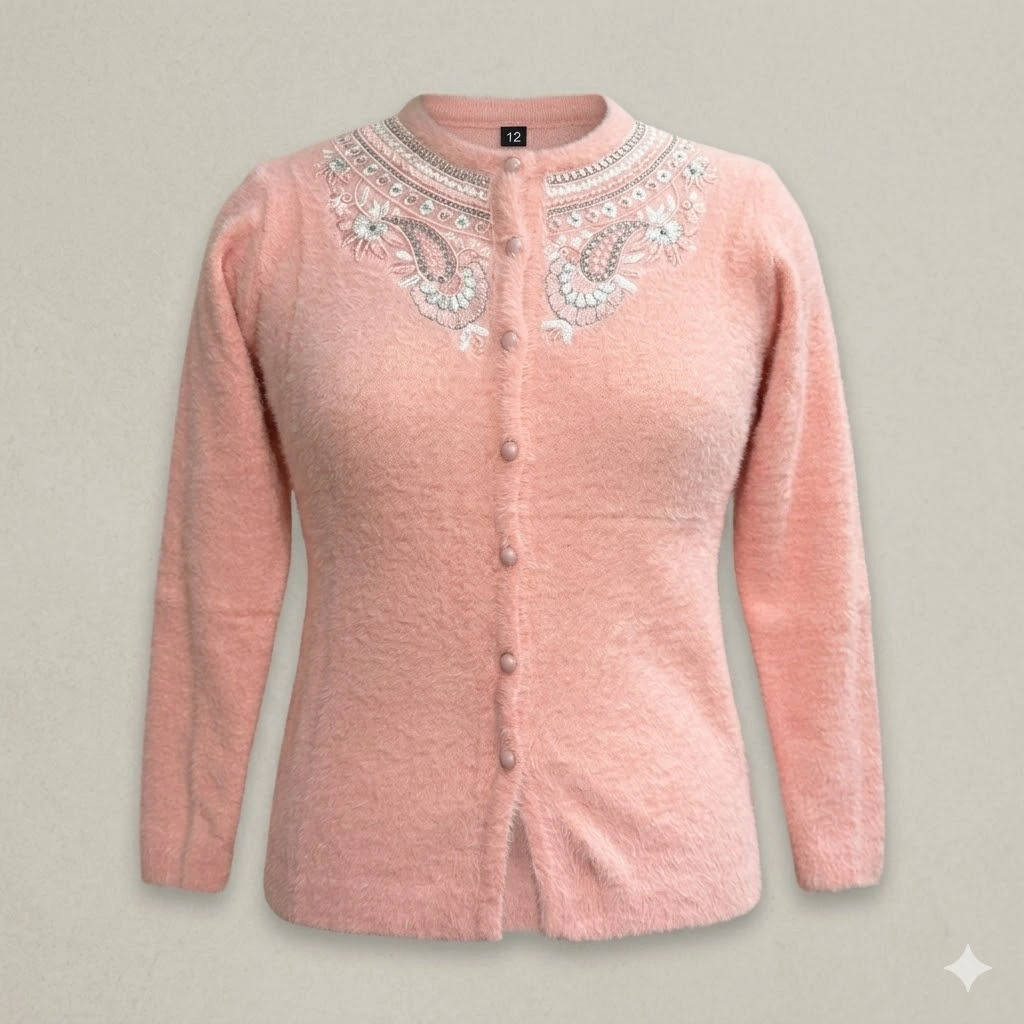 Peach Blossom Embroidered Woolen Cardigan
