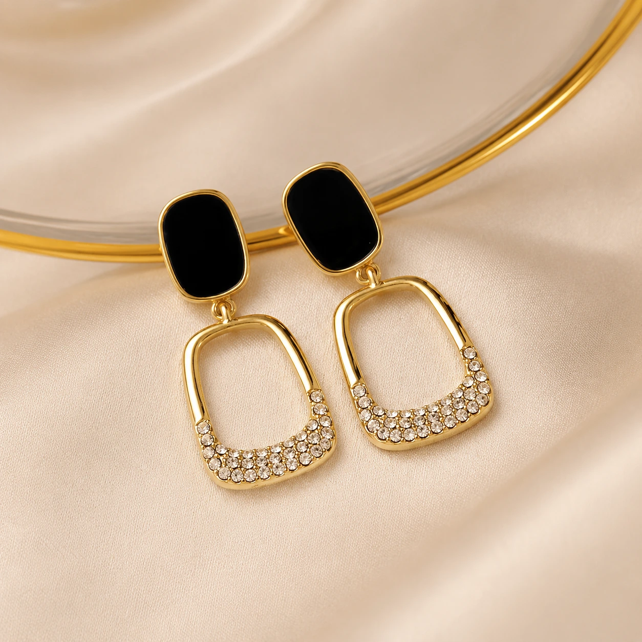 Black Stone Gold Drop Earrings