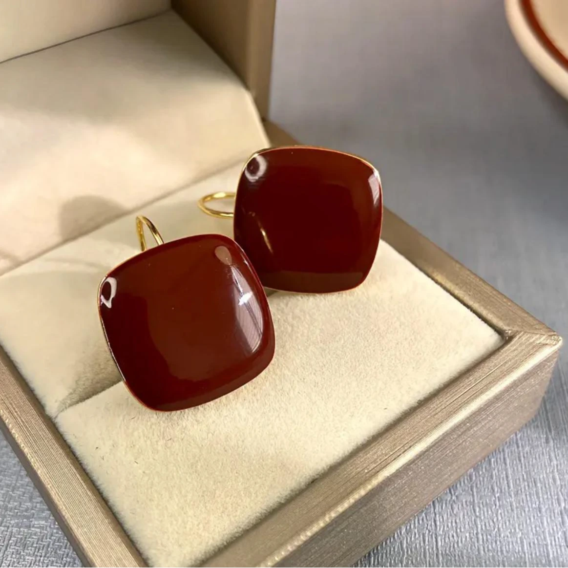 Glossy Maroon Square Stud Earrings