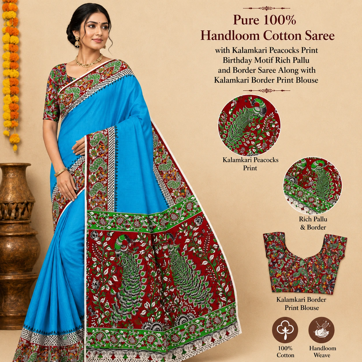 Kalamkari Peacock Border Saree