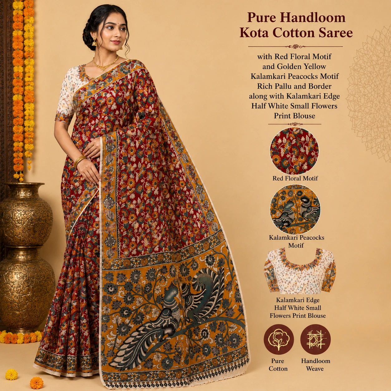 Pure Handloom Kota Cotton Kalamkari Saree