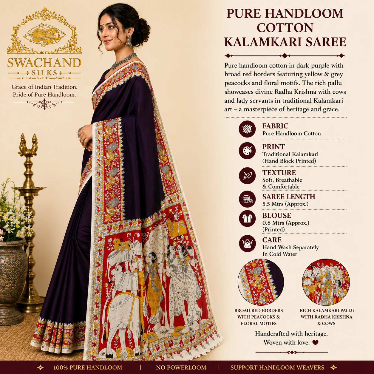 Pure Handloom Cotton Kalamkari Saree