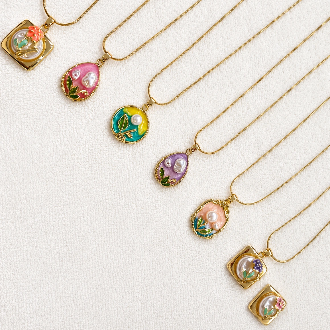 Enamel Floral Pearl Pendant Necklace Collection