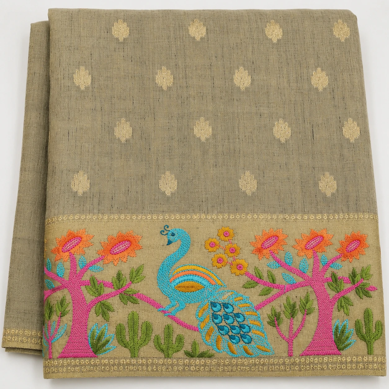 Grey Peacock Embroidered Fabrics