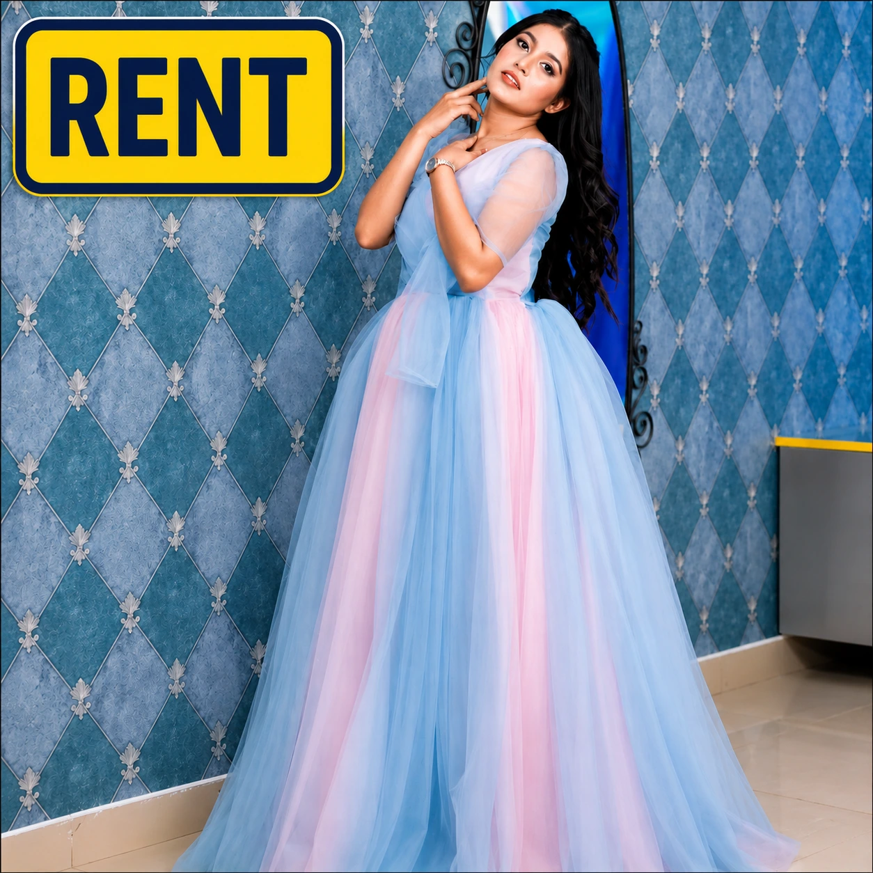 Pastel Blue and Pink Net Gown