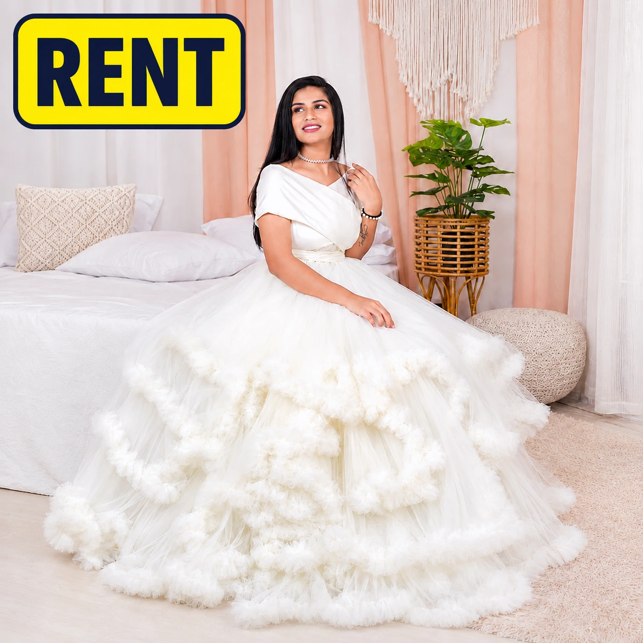 White Floral Net Gown