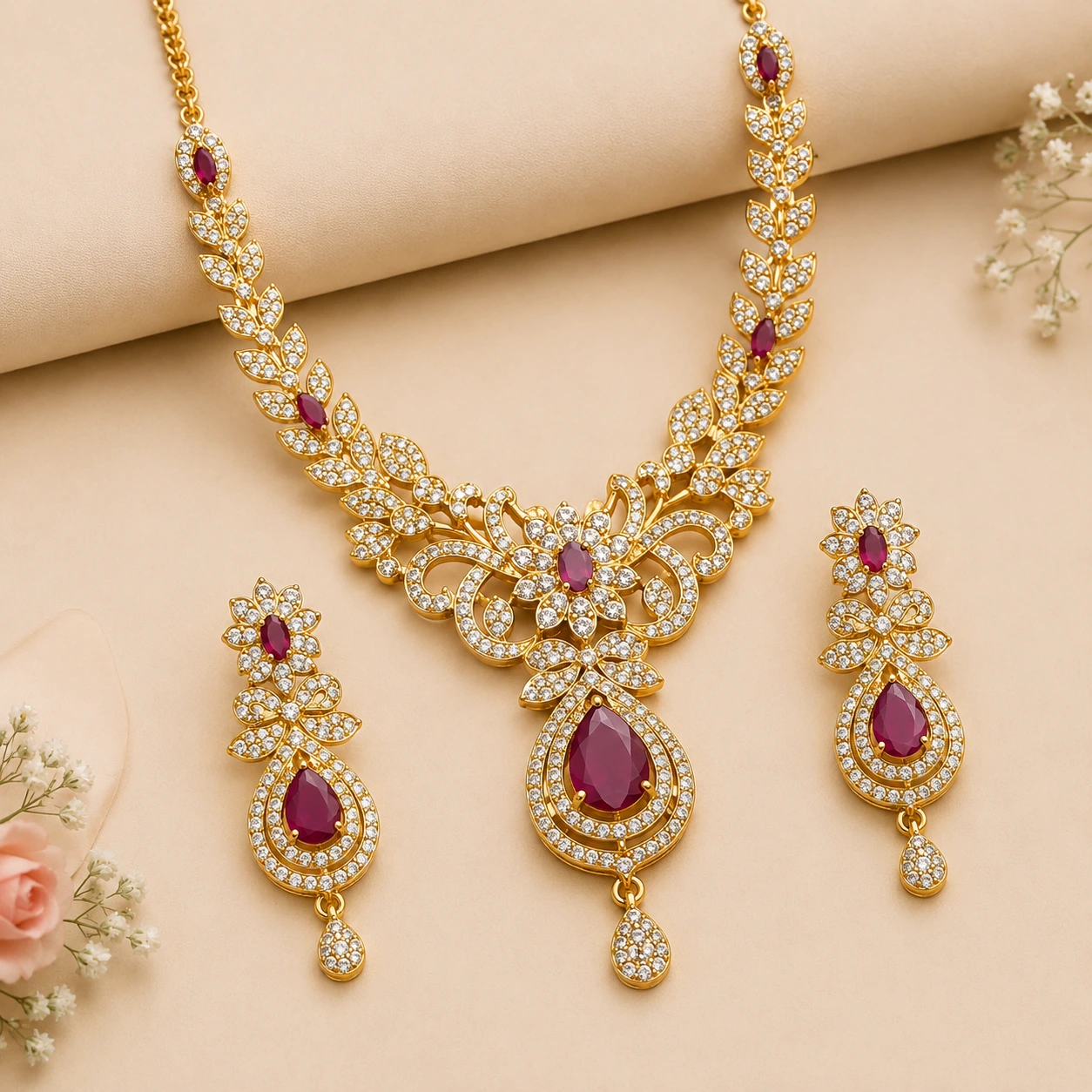 Ruby Diamond Floral Necklace Set