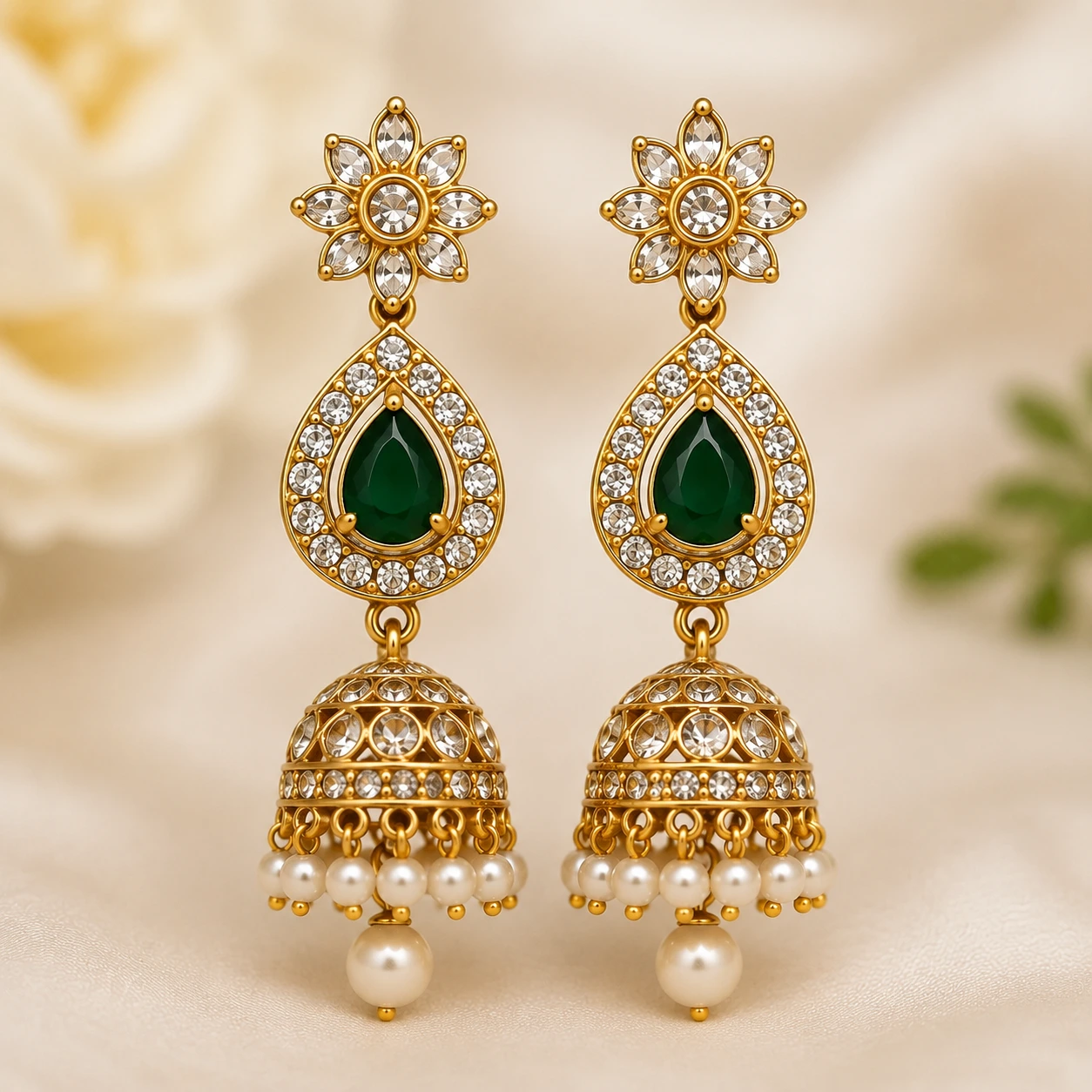 Emerald Floral Jhumka Earrings