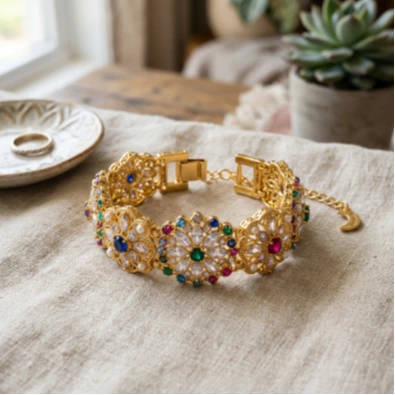 Royal Navaratna Floral Gold Bracelet