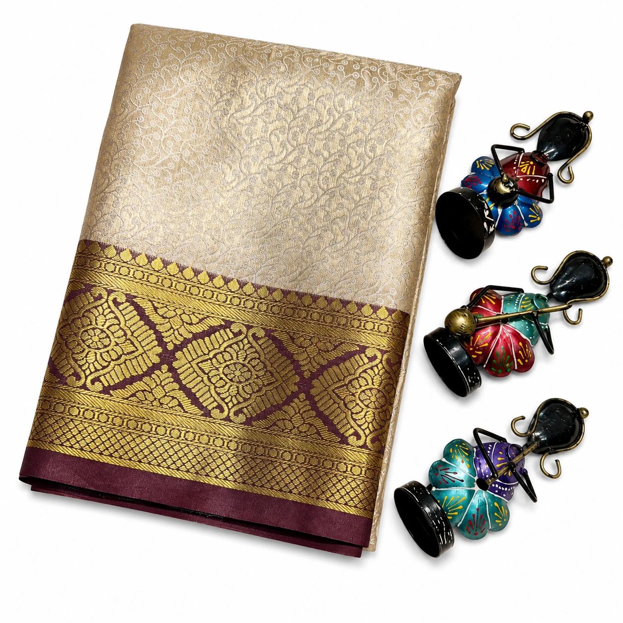 Premium Beige Gold Kanchivaram Tissue Silk Saree