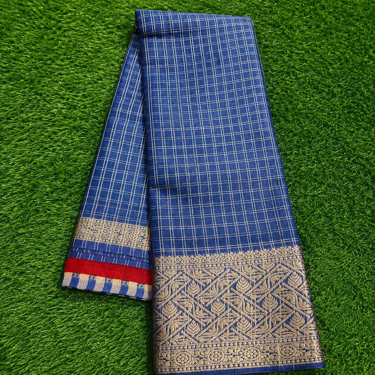 Navy Blue Checks Dola Silk Saree with Golden Border