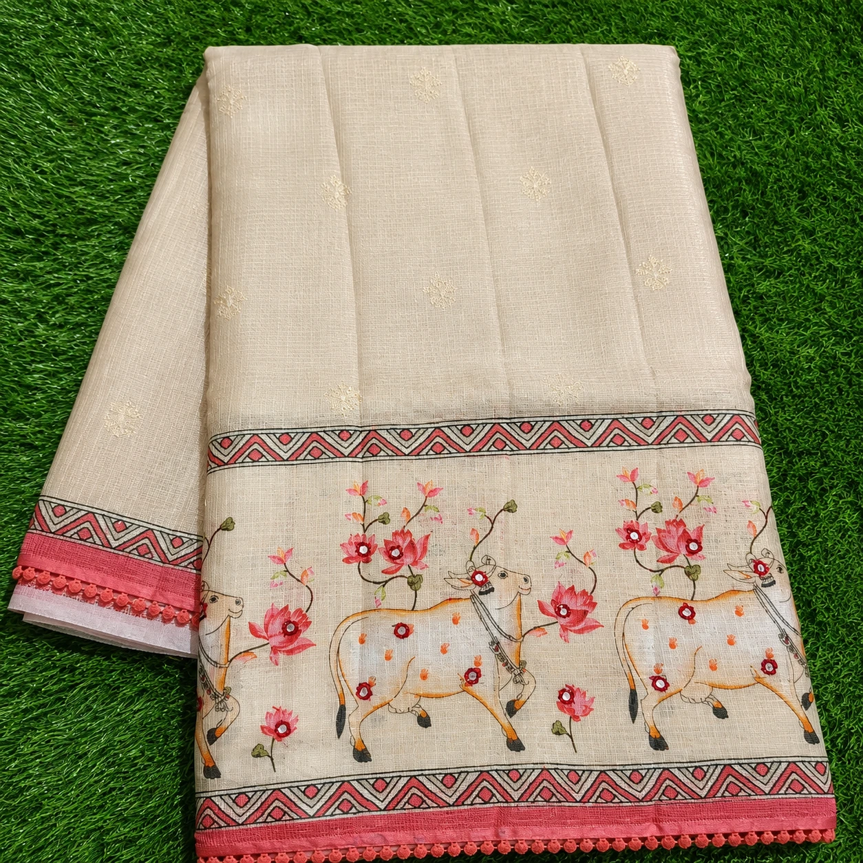 Cream Linen Cotton Saree with Cow and Floral Print Border