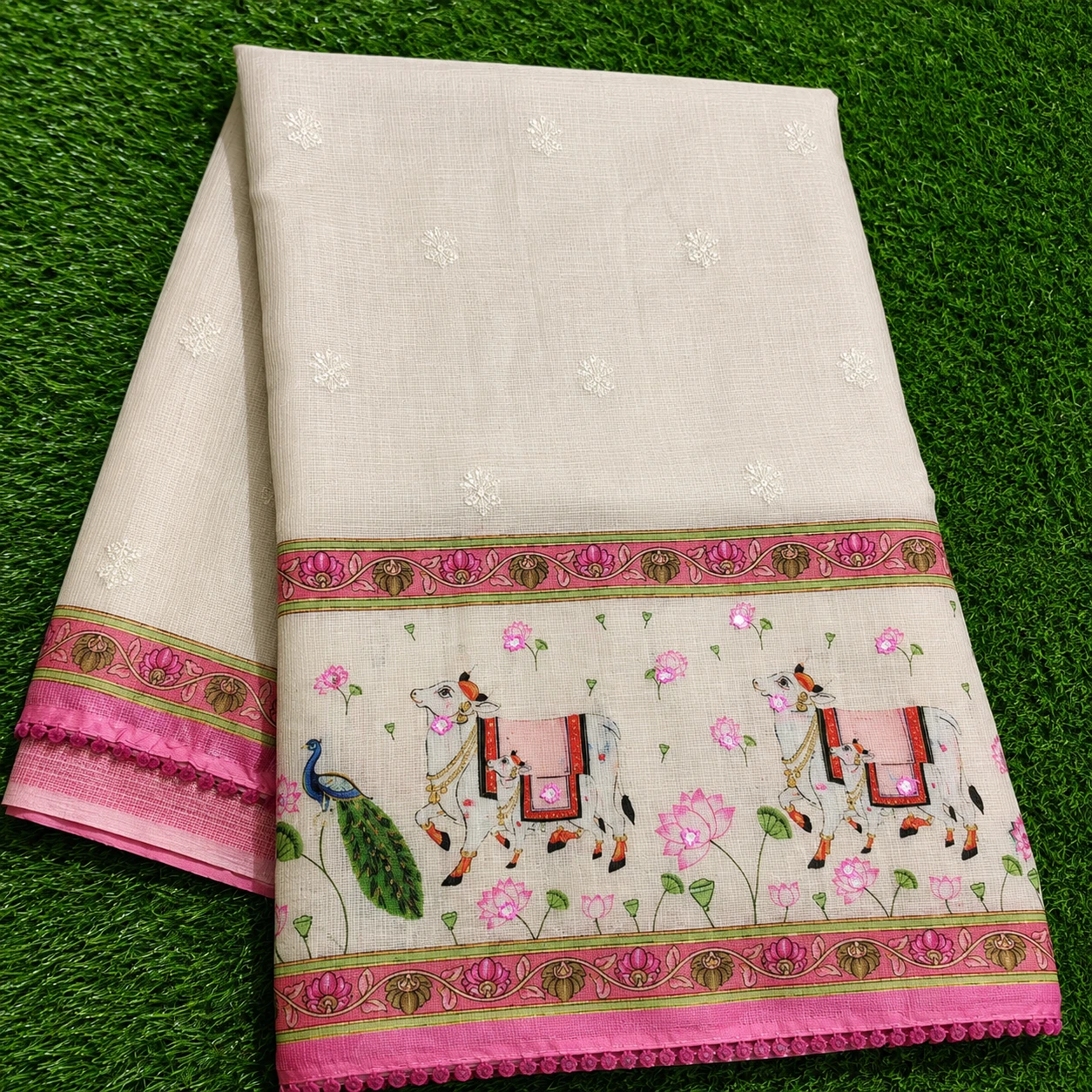 Cream Linen Cotton Saree with Pink Cow and Lotus Print Border