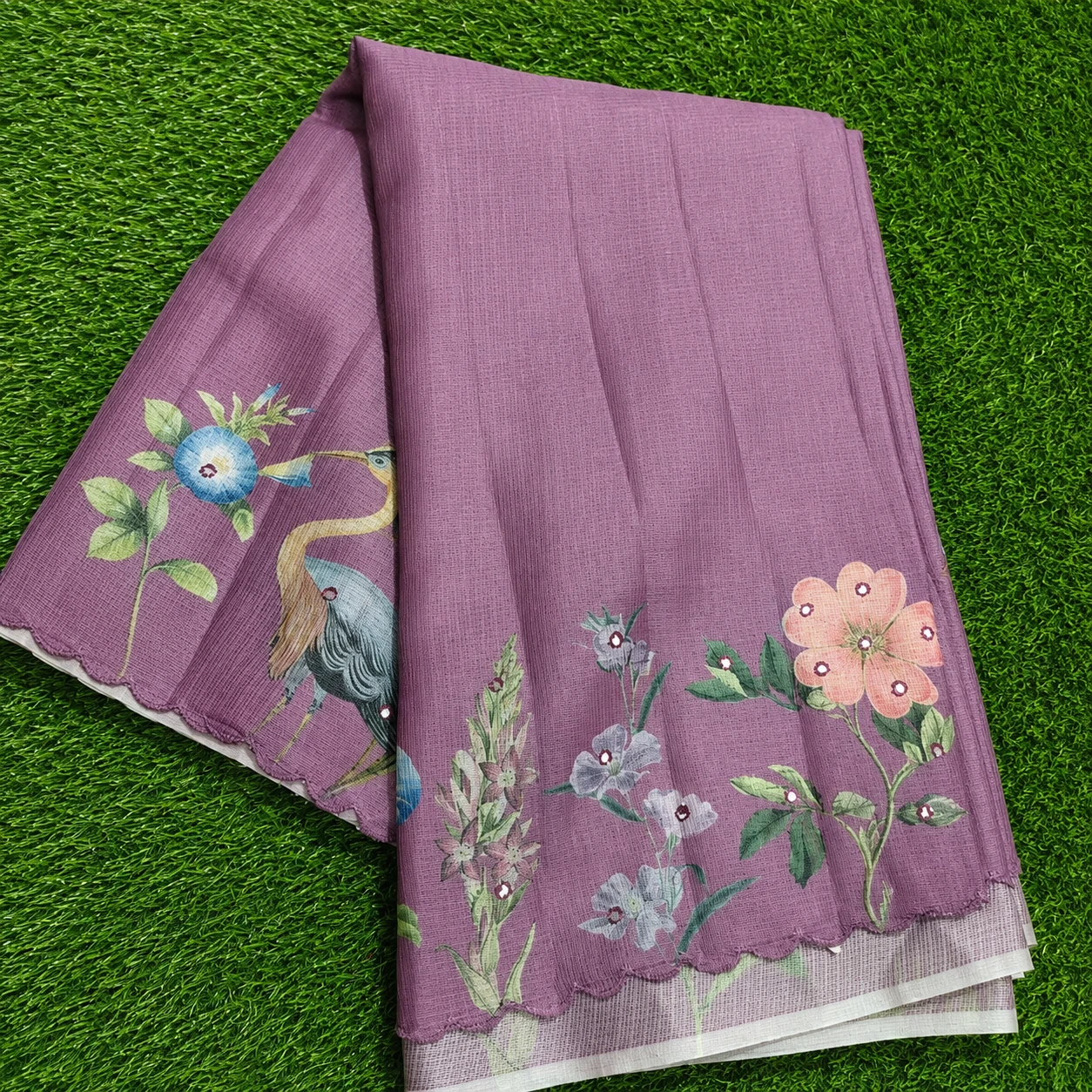 Mauve Floral Printed Linen Cotton Saree