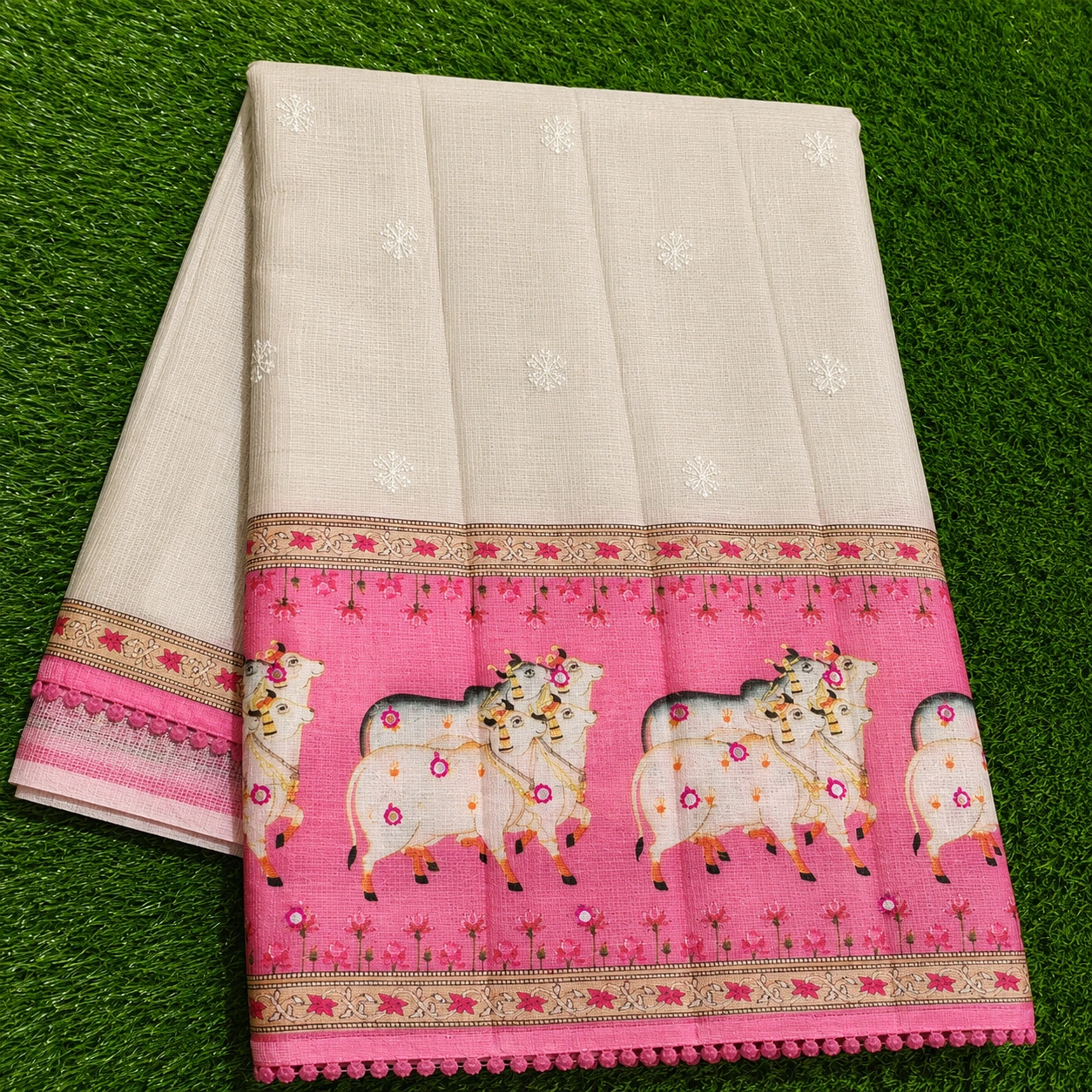 Cream Linen Cotton Saree with Pink Cow Print Border