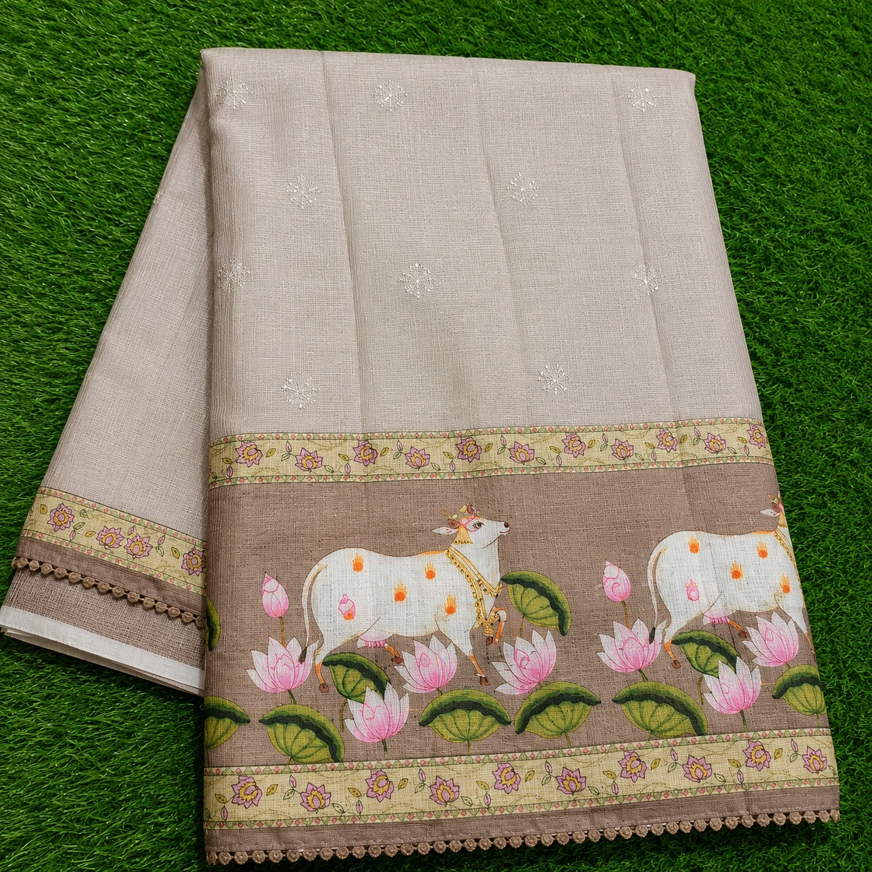 Kota Checks Linen Cotton Saree with Cow and Lotus Print Border