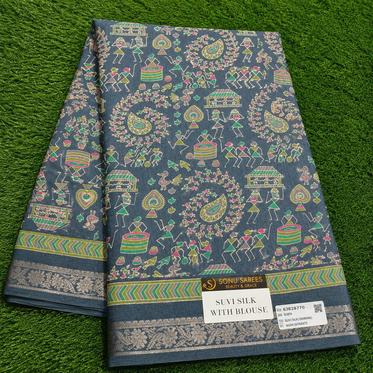 Grey Suvi Silk Saree with Tribal Print Design