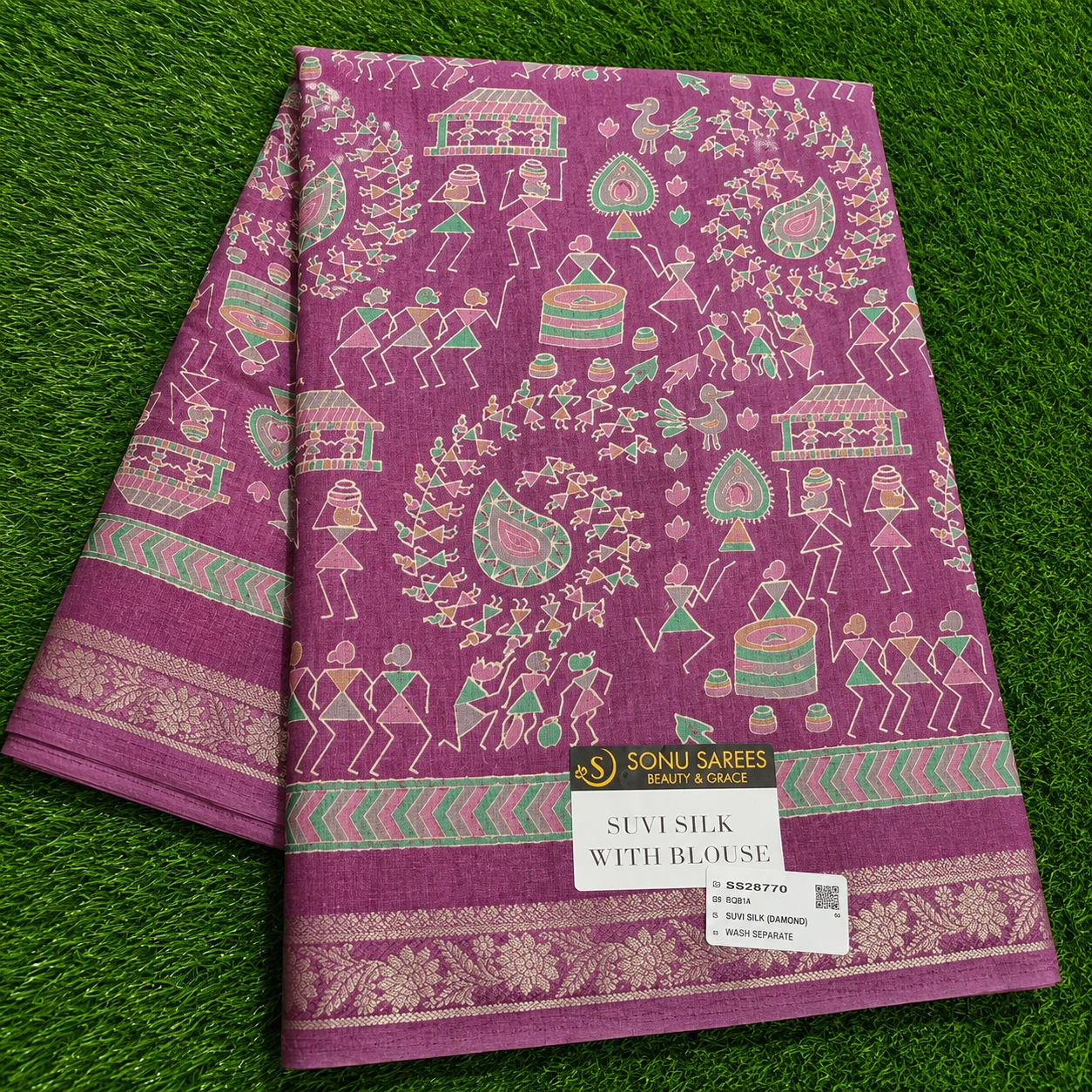 Mauve Suvi Silk Saree with Tribal Print Design