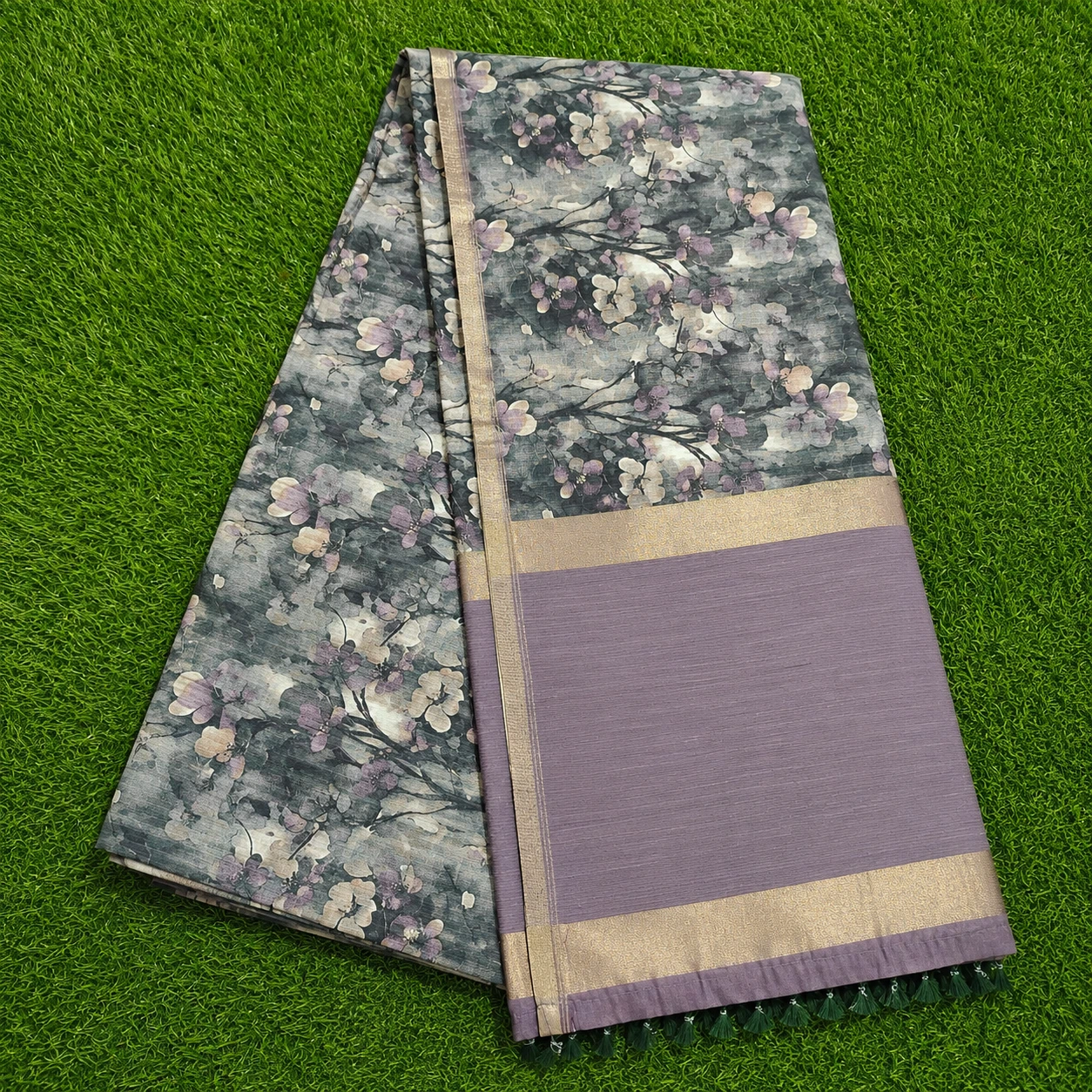 Grey Floral Printed Silk Saree with Lavender Border