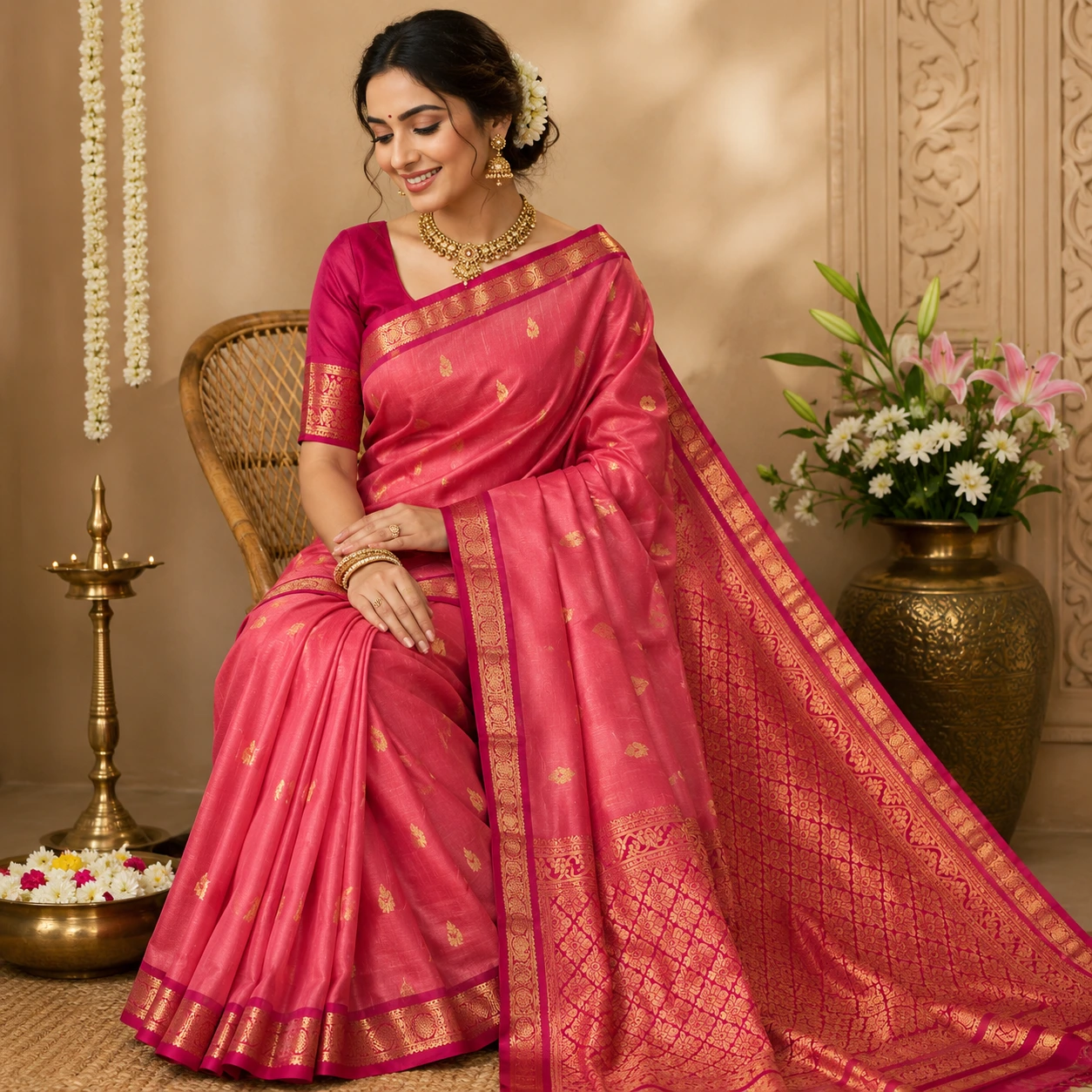 Pink Kanchivaram Silk Saree with Maroon Gold Zari Border