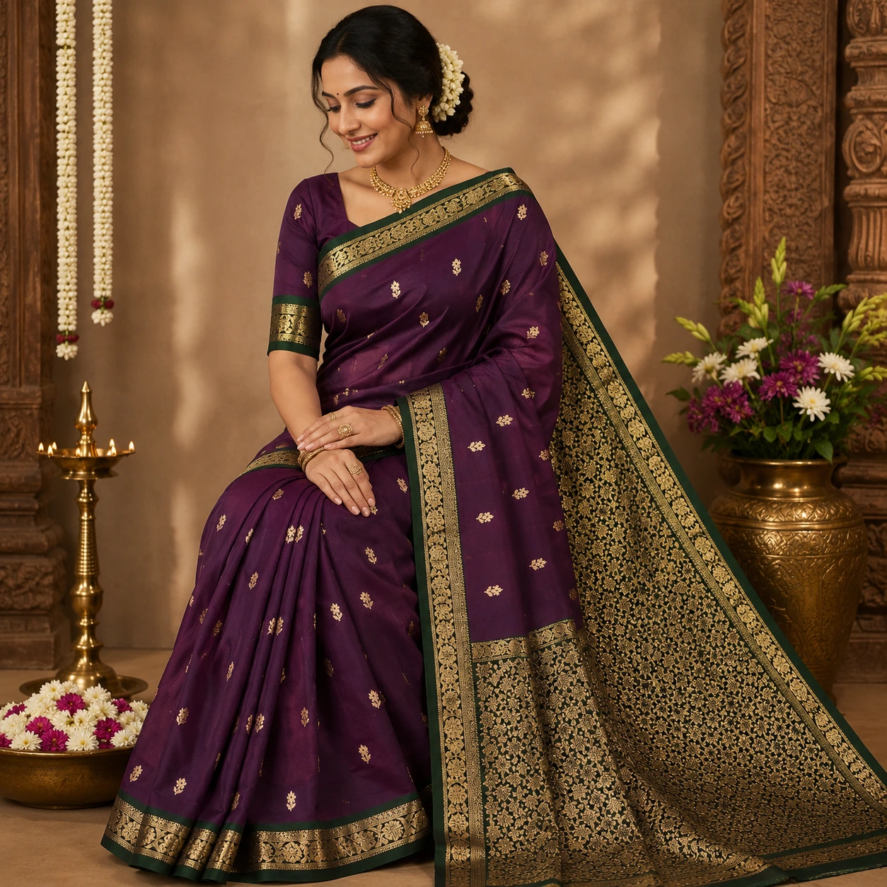 Purple Kanchivaram Silk Saree with Green Gold Zari Border