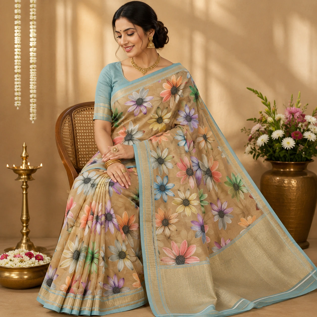Beige Floral Printed Fancy Saree with Sky Blue Border
