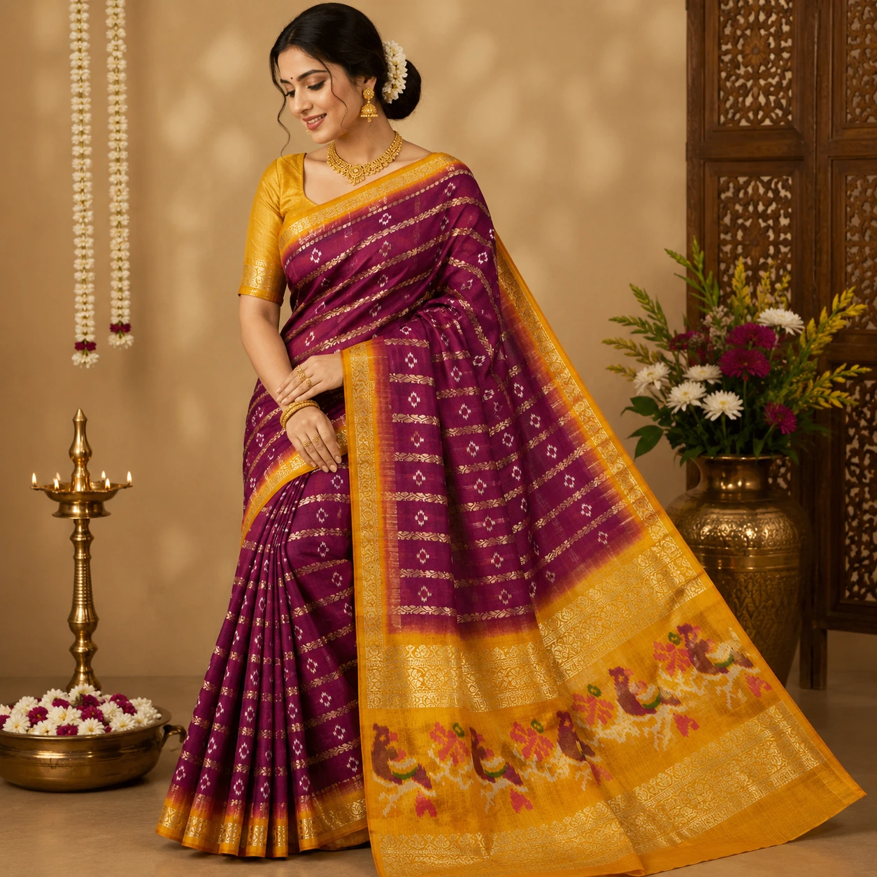 Maroon and Mustard Fancy Saree with Traditional Border