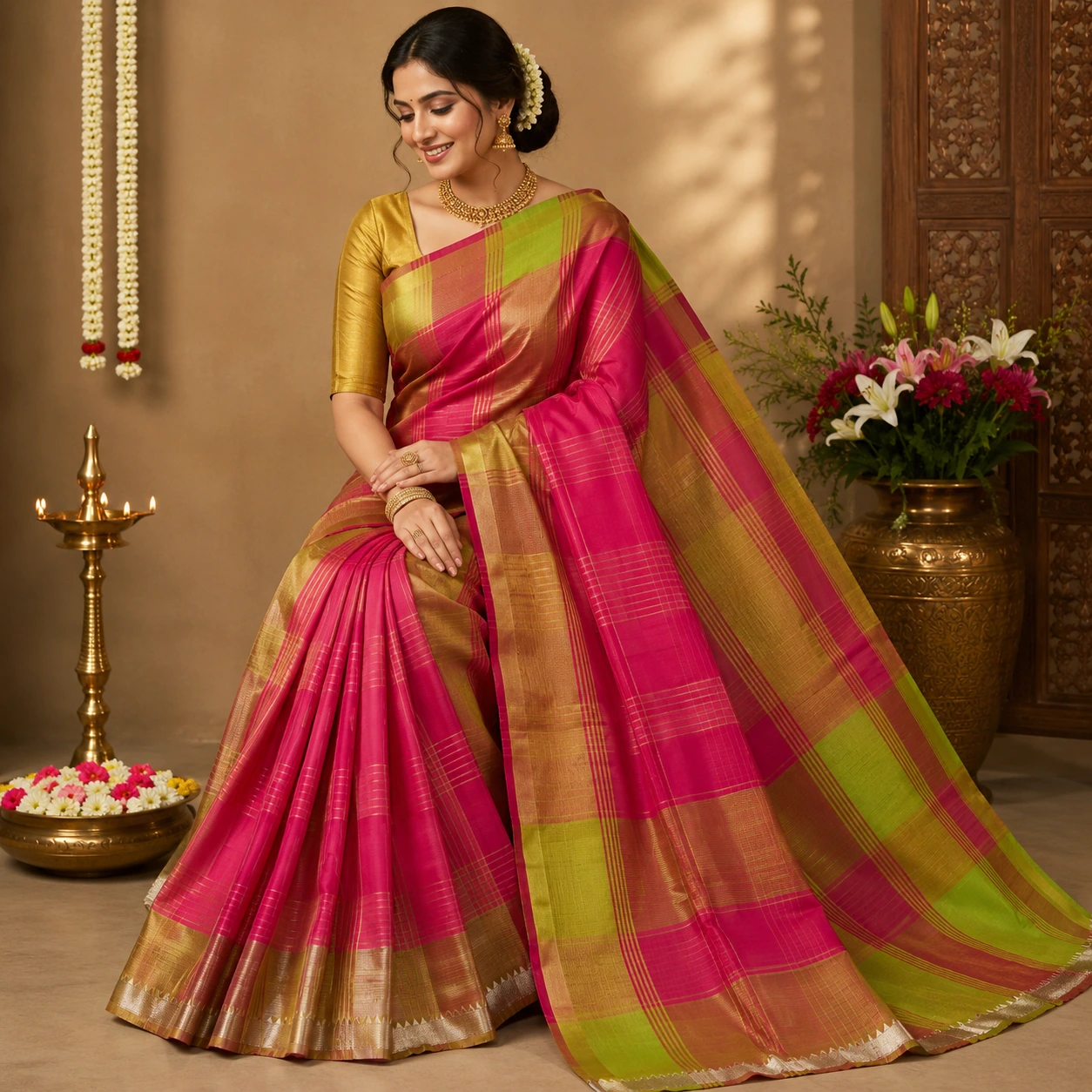 Pink Mangalagiri Pattu Saree with Golden Border