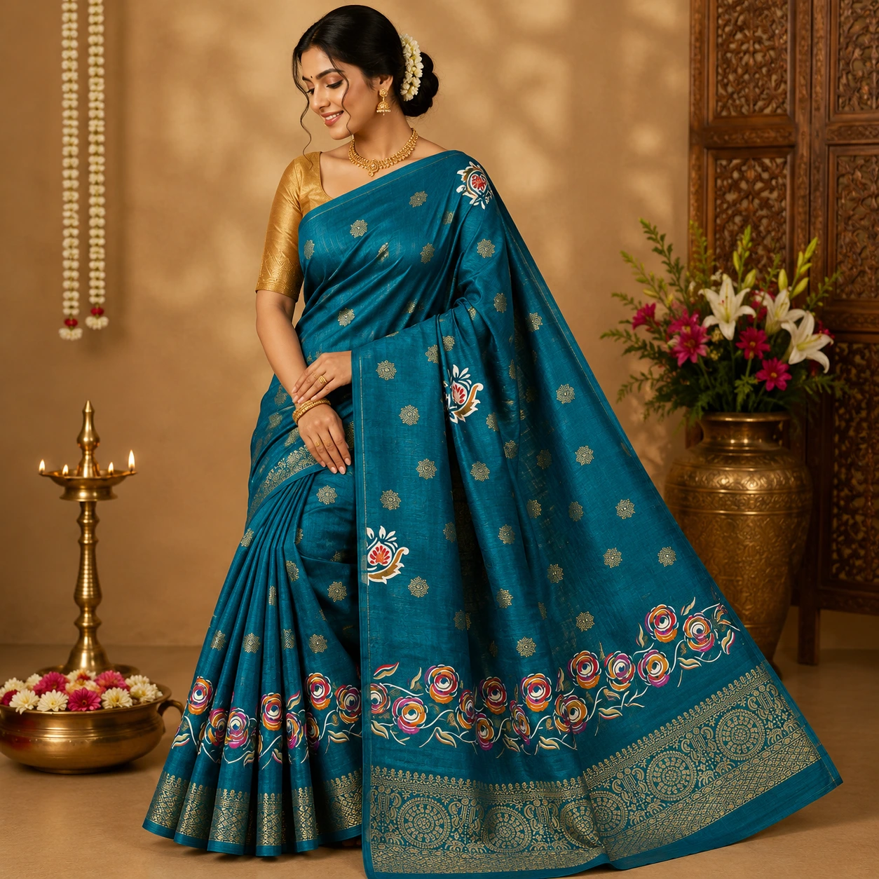 Teal Blue Fancy Saree with Floral Print and Zari Border