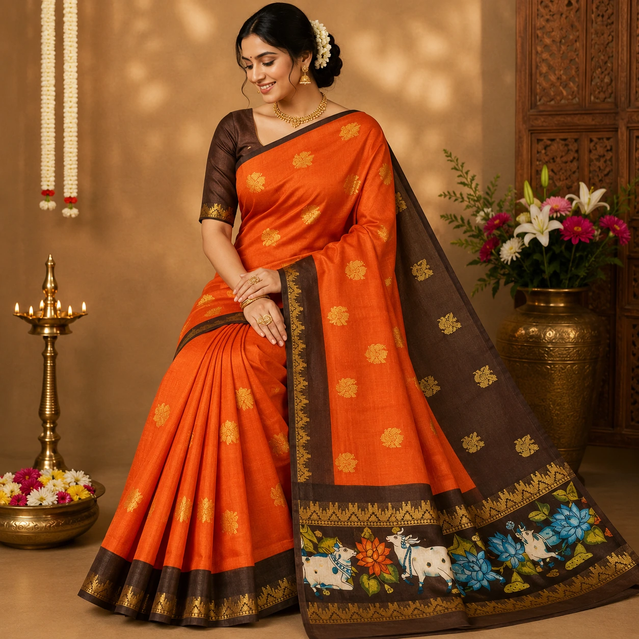 Orange and Brown Bhanu Mati Cotton Saree with Nandi Border