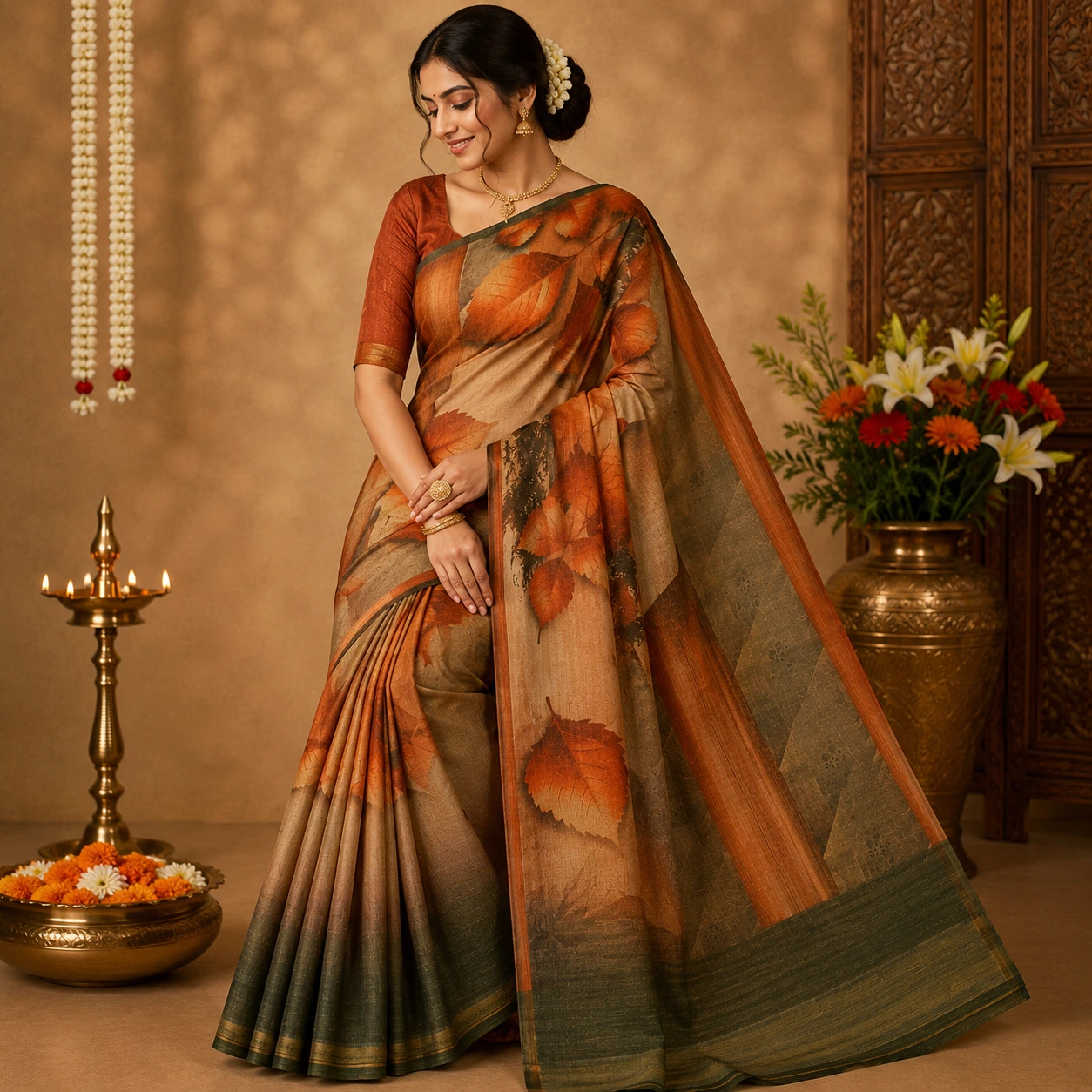 Autumn Leaf Elegance Printed Silk Saree