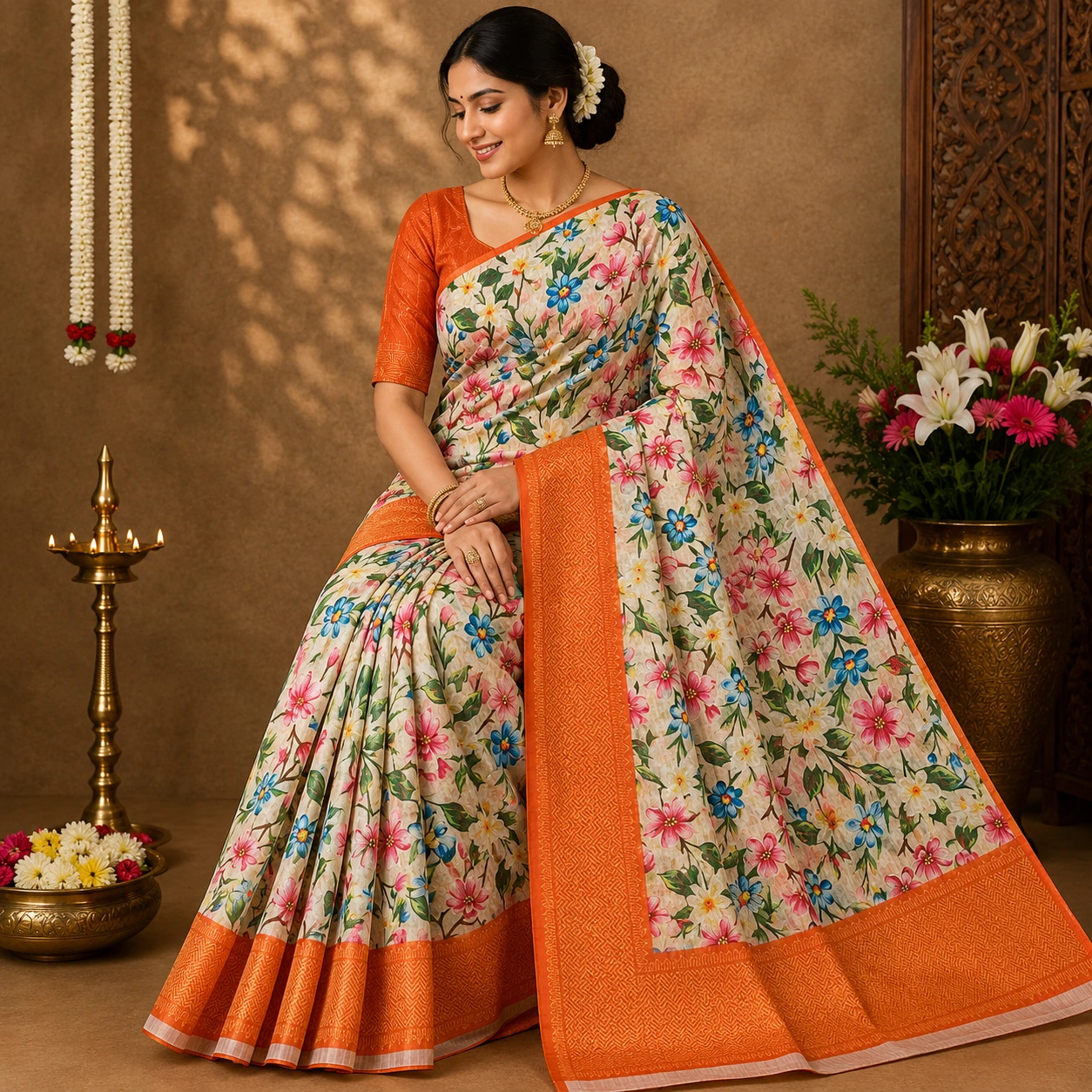 Cream Floral Print Saree with Orange Border