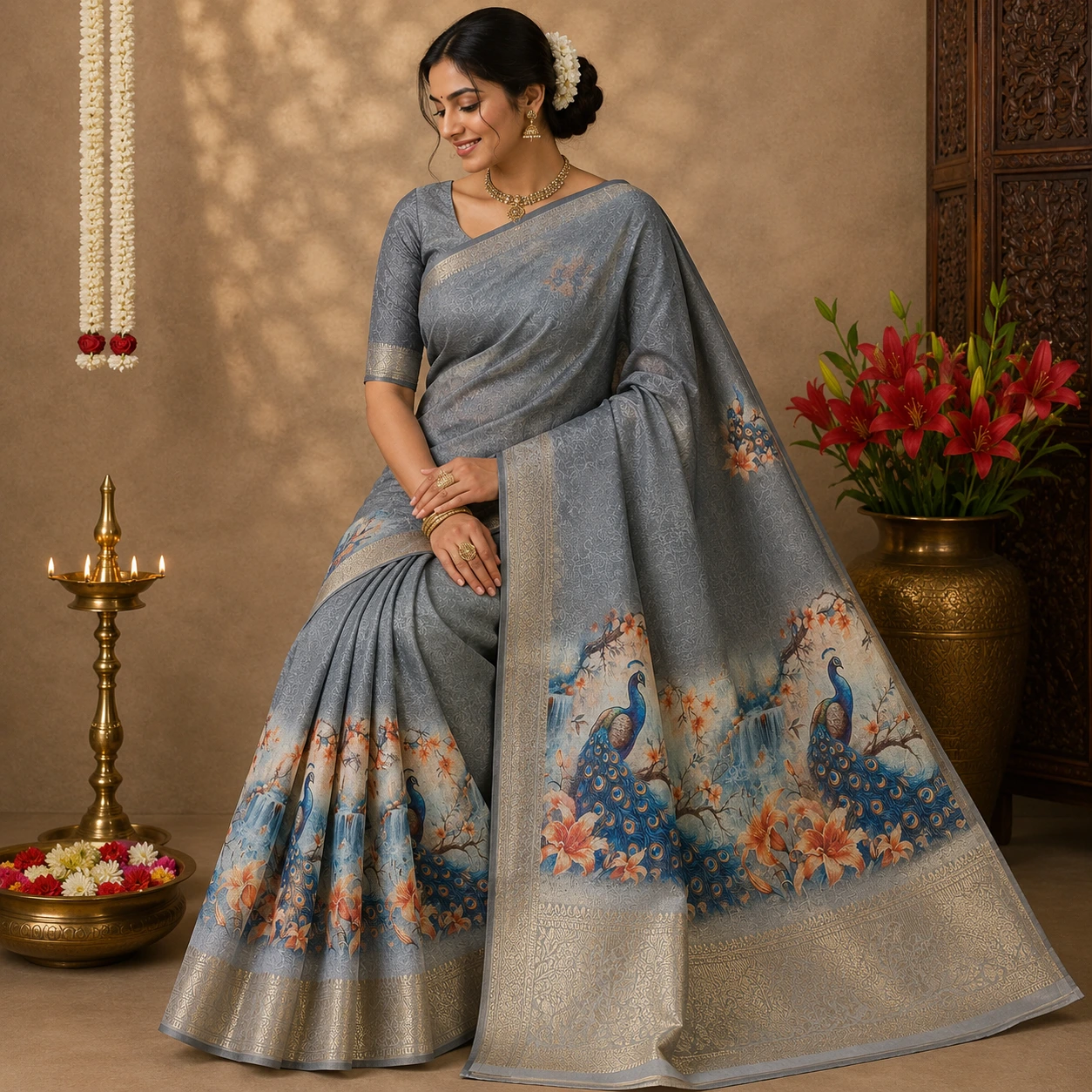Grey Digital Ragini Saree with Peacock Print