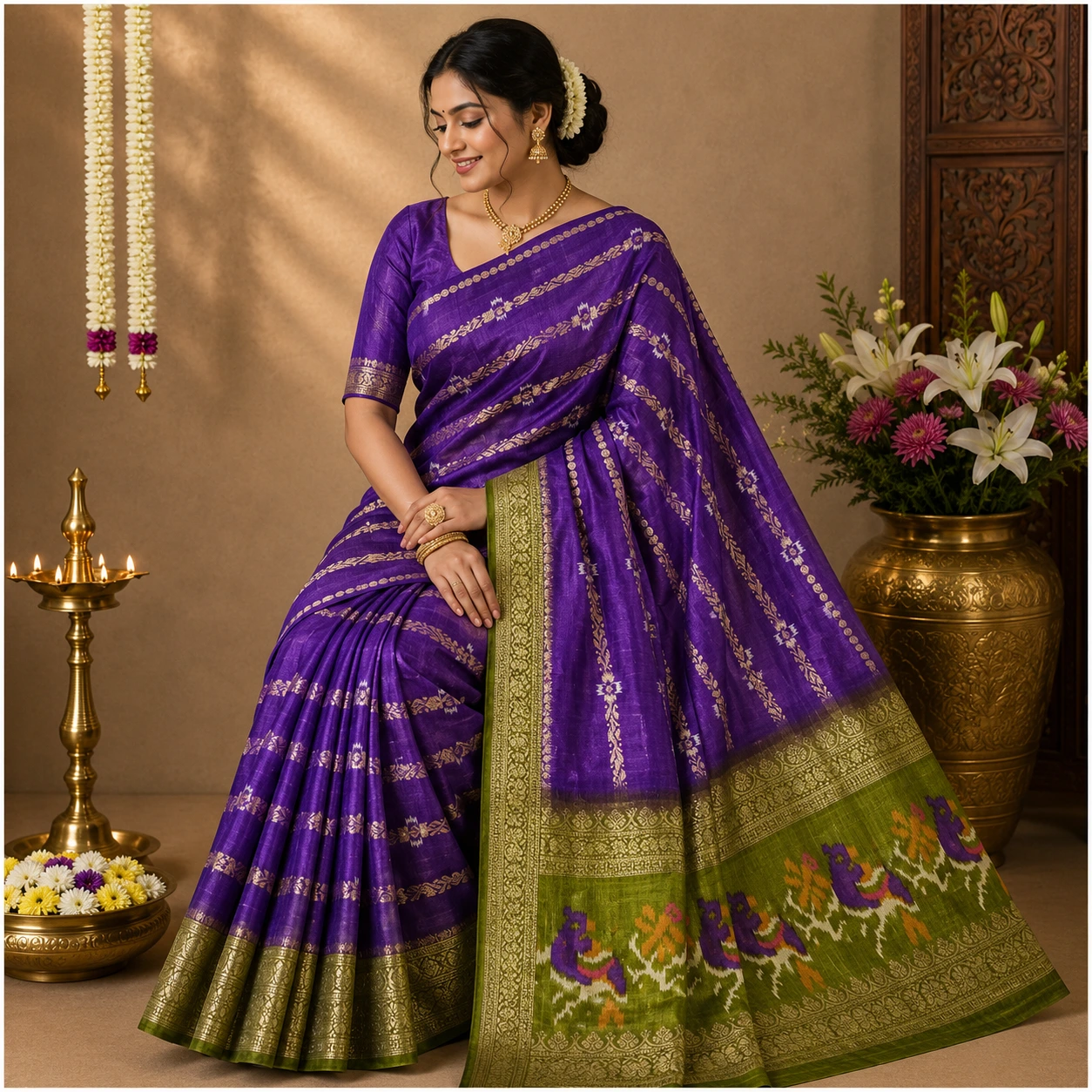 Purple and Green Traditional Saree with Golden Border