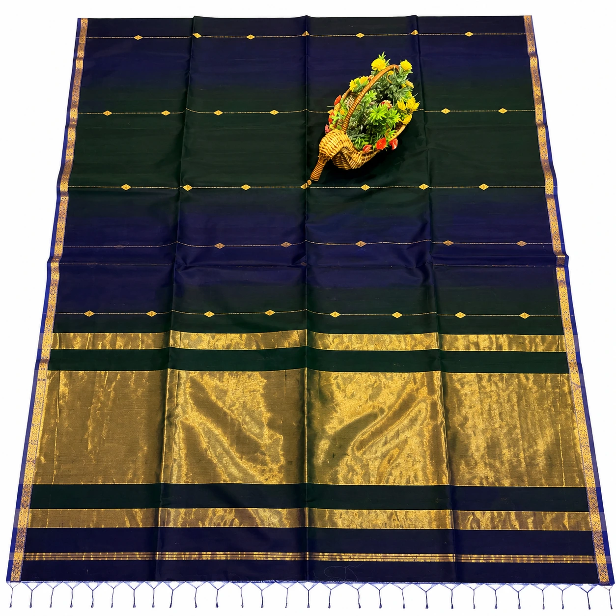 Navy Blue and Bottle Green Chanderi Pattu Saree with Golden Zari Pallu