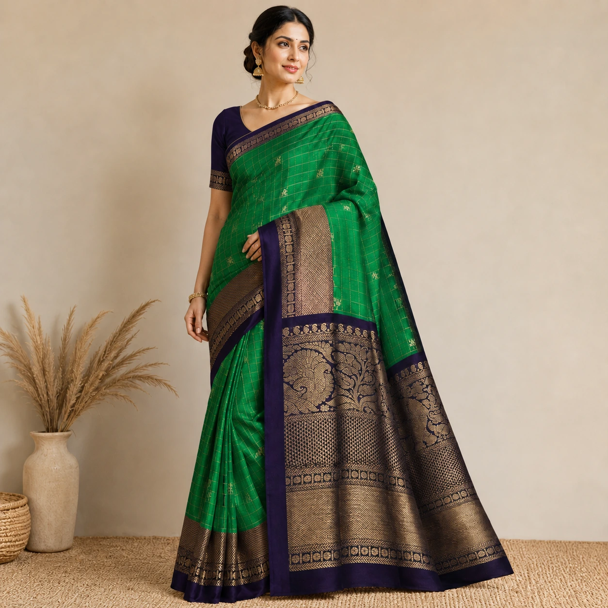 Emerald Green Kanchipuram Style Silk Saree with Antique Zari Border