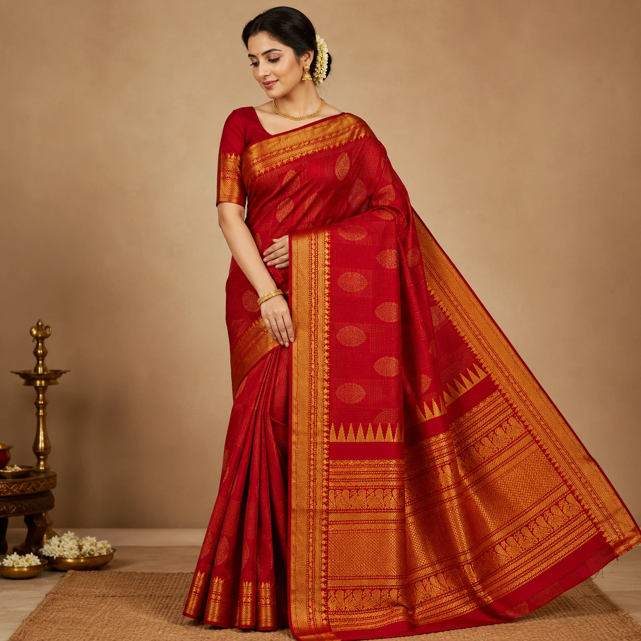Royal Red Kanchipuram Silk Saree with Grand Golden Zari Border